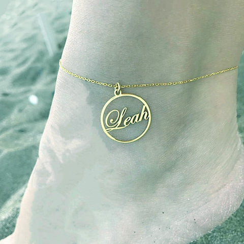 Image of Best Friend Gift Boho Personalized Name Anklet For Women Foot Jewelry Beach Custom Gift Nameplate Circle Charm Barefoot Sandals