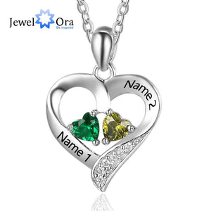 Personalized 925 Sterling Silver 2 Birthstone Necklace Pendants Engraved Heart BirthStones Necklace Mom Gift JewelOra NE101893