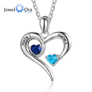 Personalized 925 Sterling Silver 2 Birthstone Necklace Pendants Engraved Heart BirthStones Jewelry  Mom Gift JewelOra NE101894