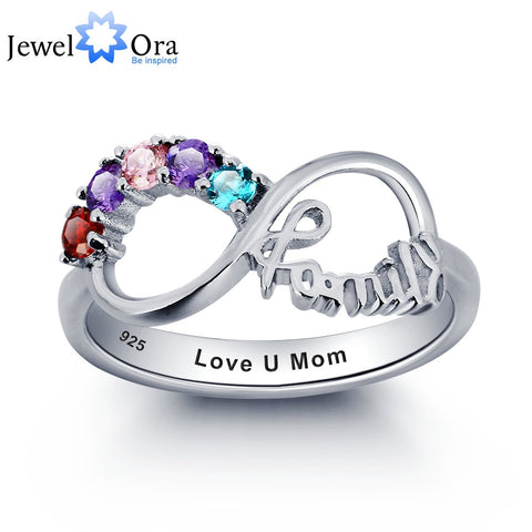 Image of Personalized Engrave Birthstone Infinity Family Jewelry Cubic Zirconia 925 Sterling Silver Ring Gift For Mum(JewelOra RI101787)