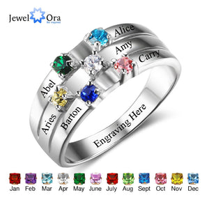 Family & Friendship Ring Engrave Names Custom 6 Birthstone 925 Sterling Silver Rings Gifts For Best Friends (JewelOra RI102508)