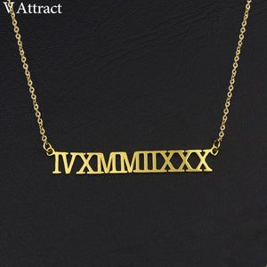 V Attract Customized Roman Numeral Pendant Necklace Vintage Jewelry Personalized Name Choker Necklace Custom Bijoux Gold Kolye