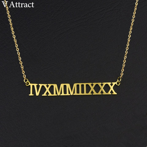 Image of V Attract Customized Roman Numeral Pendant Necklace Vintage Jewelry Personalized Name Choker Necklace Custom Bijoux Gold Kolye