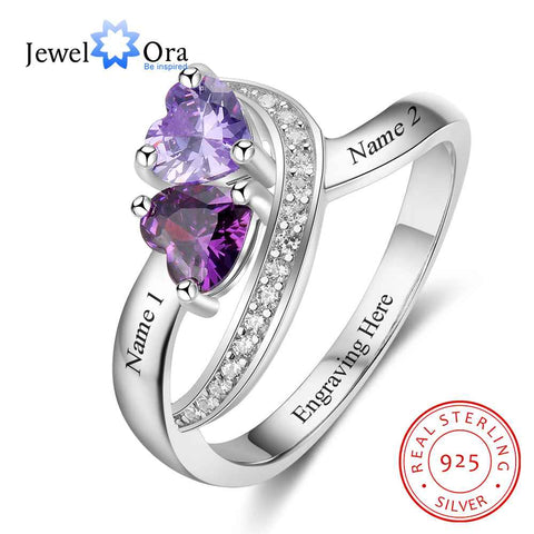 Image of Personalized Promise Ring Heart Birthstone Custom Engrave 2 Names 925 Sterling Silver Anniversary Gift (JewelOra RI103268)