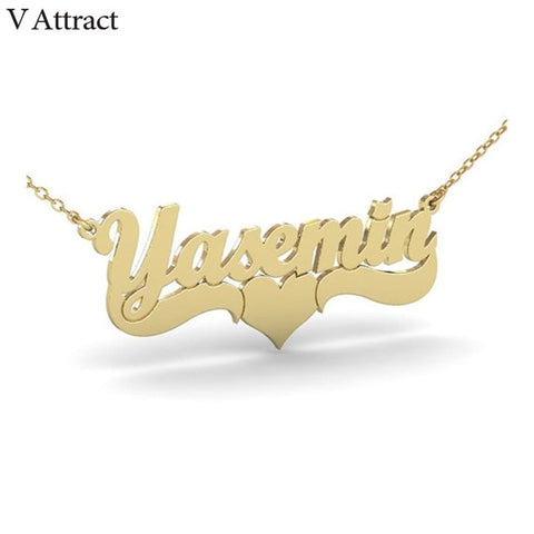 Image of V Attract Gold Filled Custom Name Necklace Women Men Personalized Jewelry Heart Choker Stainless Steel Collier Best Friend Gift