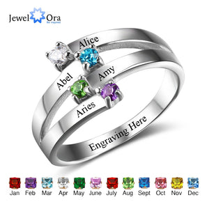 925 Sterling Silver Friendship & Family Ring Engrave 4 Names DIY Custom Birthstone Gift For Moms (JewelOra RI102510)