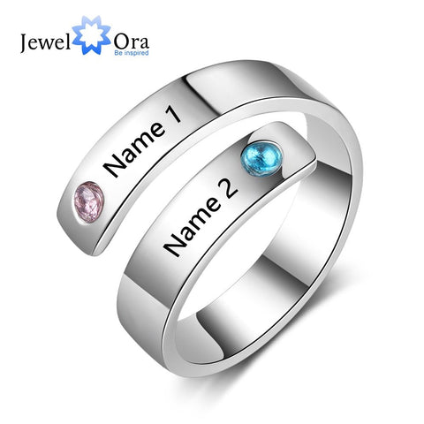 Image of Personalized Gift Birthstone Engraved Names Adjustable Rings For Women Promise Love Anniversary Jewelry (JewelOra RI103501)