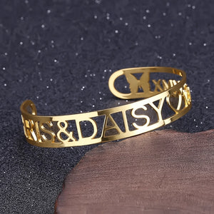 Hollow Name Bangles    Personalized Gold Color Adjusted Name Date ID Open Bangles For Women  Stainless Steel Men Jewelry