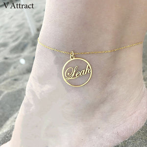 Best Friend Gift Boho Personalized Name Anklet For Women Foot Jewelry Beach Custom Gift Nameplate Circle Charm Barefoot Sandals