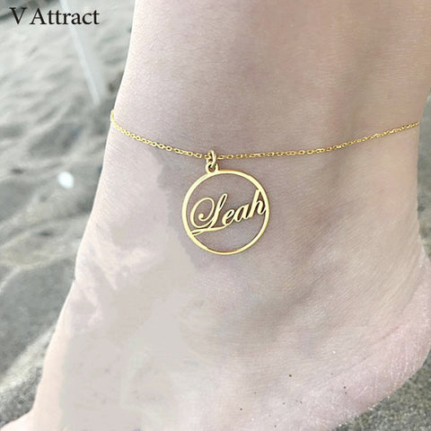 Image of Best Friend Gift Boho Personalized Name Anklet For Women Foot Jewelry Beach Custom Gift Nameplate Circle Charm Barefoot Sandals