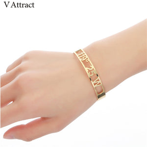 BFF Gift Hollow Out Personalized Name Cuff Bracelet Women Men Jewelry Custom Date Numerals Initial Stainless Steel Open Bangles