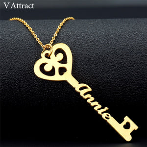 Wedding Gift Custom Jewelry Personalized Name Key Necklace Women Men Heart Statement Necklaces Stainless Steel Chain Collier