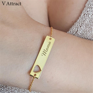 Cut Out Heart Statement Bar Bileklik Gold Personalized Name Bracelet Custom Nameplate Bangle Men BFF Jewelry Mothers Day Gift