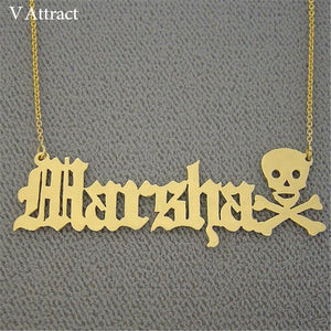 Laser Cut Old English Font Letter Necklace Crossbone Skull Personalized Name Necklaces Men Custom Halloween Gift Vintage Jewelry