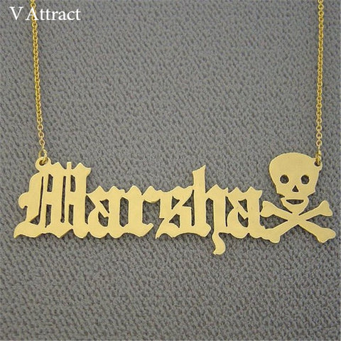 Image of Laser Cut Old English Font Letter Necklace Crossbone Skull Personalized Name Necklaces Men Custom Halloween Gift Vintage Jewelry