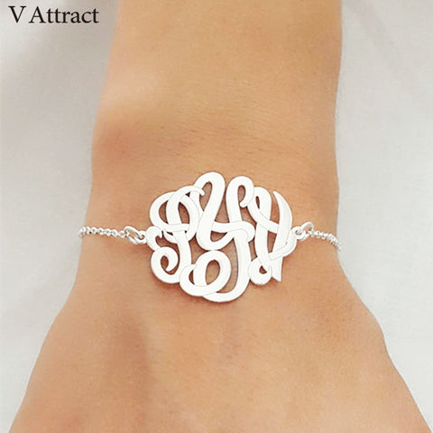 Image of Personalized Monogram Bracelet Silver Anklet Custom Name Jewelry Hand Link Stainless Steel A B C Z X W 3 Initial Bracciali Donna