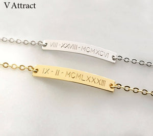 Roman Numeral Dates Bracelet Personalized Bar Charm Pulseira Masculina Gold Silver Engraved Coordinate Bangle Vintage Jewelry