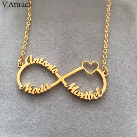 Image of BFF Jewelry Personalized Infinity Name Pendant Necklace Heart Charm Statement Kolye Custom Eternity Couple Family Names Necklace